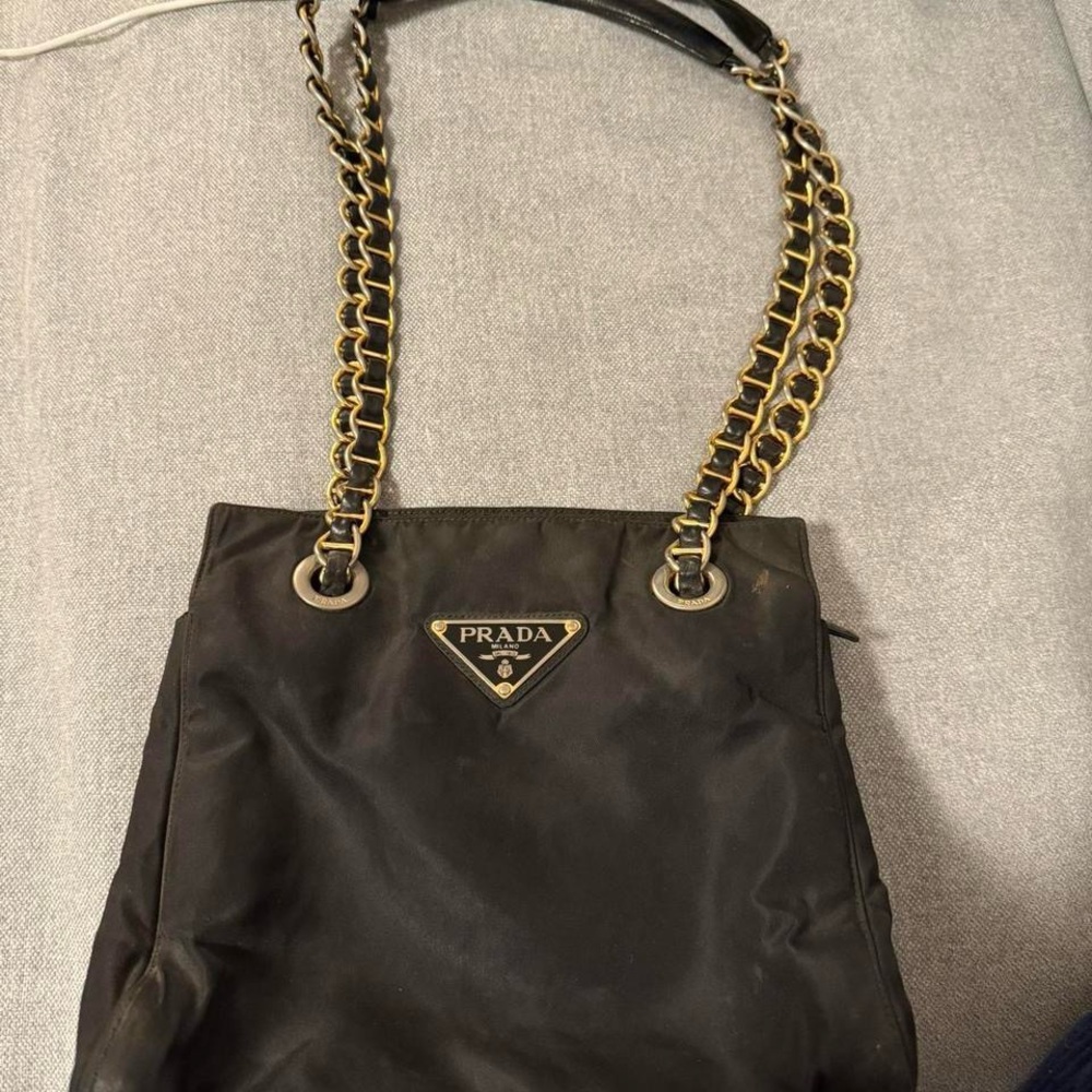 Prada Black Nylon Shoulder Bag with Gold Chain